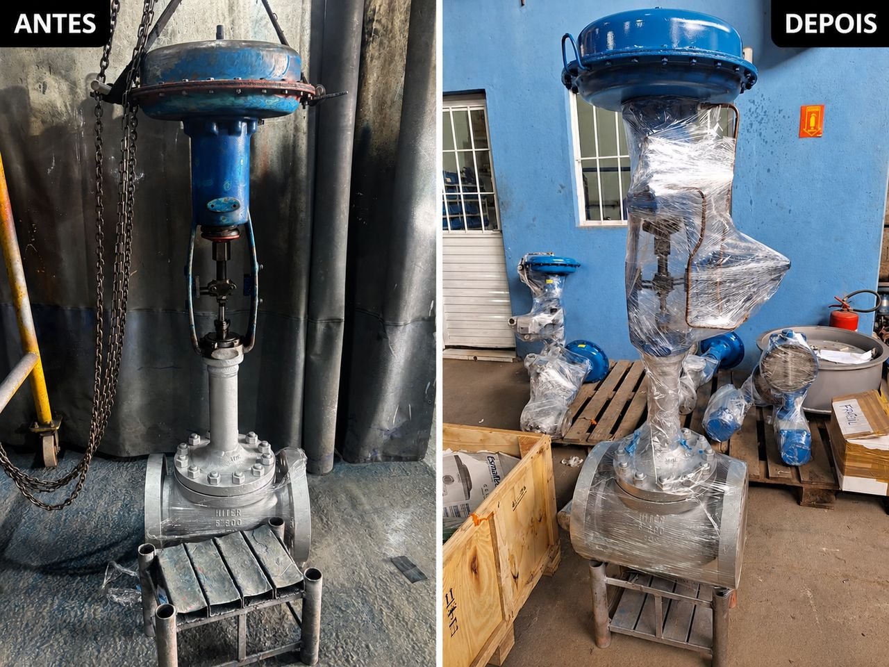 Antes e depois de válvula de controle restaurada pela Manval